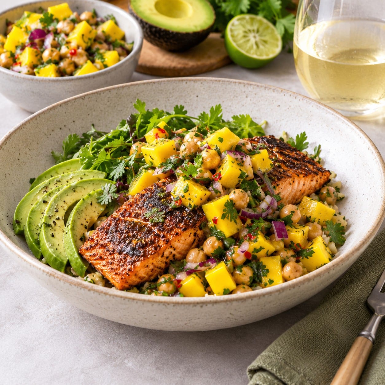 Blackened Salmon and Mango Chickpea Salsa Bowls