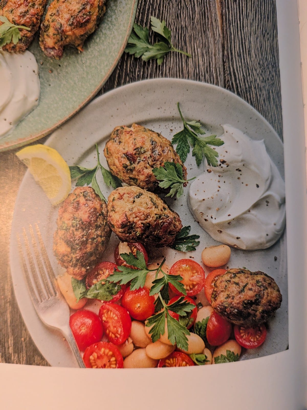 Chicken and Date Koftas with Garlic Yogurt and Butter Bean Tomato Salad