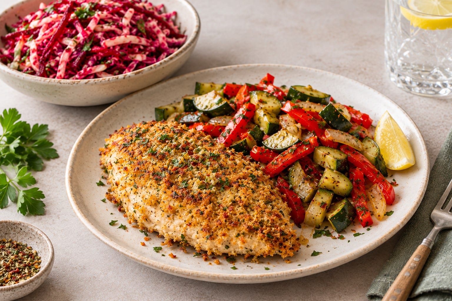 Crispy Rosemary Chicken with Apple, Beetroot and Horseradish Slaw